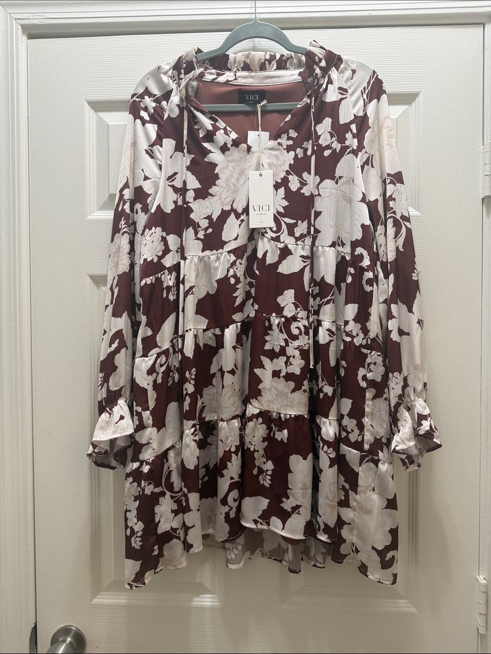 VICI Burgundy Floral Tiered Tunic with Ivory Blossoms